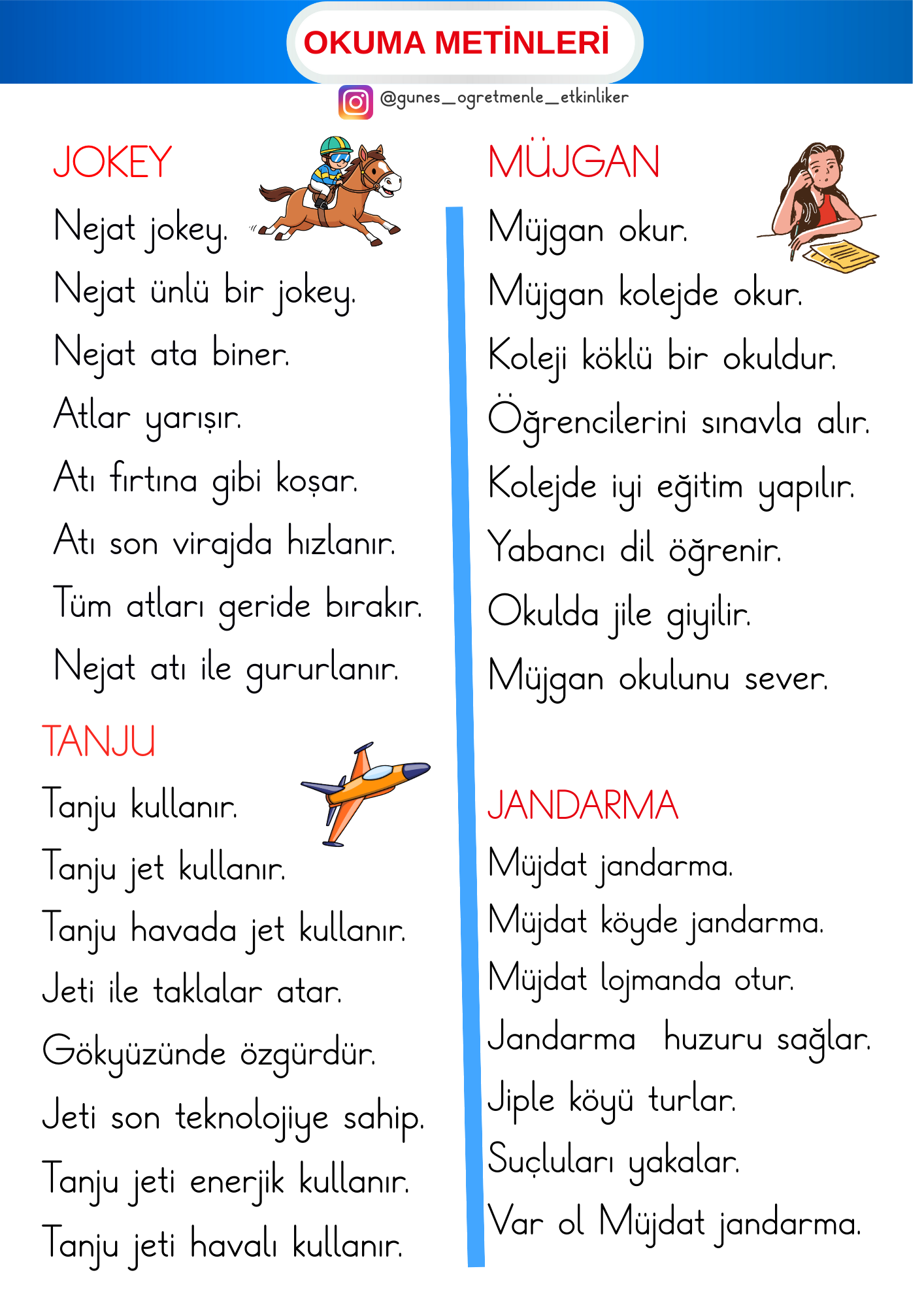 1. Sınıf İlk Okuma Yazma J-j Sesi Metinleri