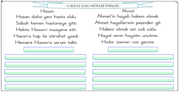 1. Sınıf İlk Okuma Yazma H Sesi Metinler Etkinliği