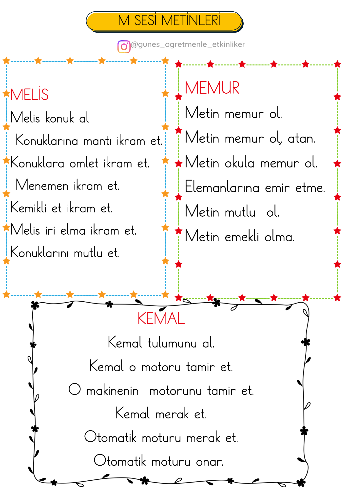 1. Sınıf İlk Okuma Yazma M Sesi Metinleri (4 Sayfa)