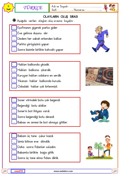 3. Sınıf Türkçe Olayların Oluş Sırası Etkinliği