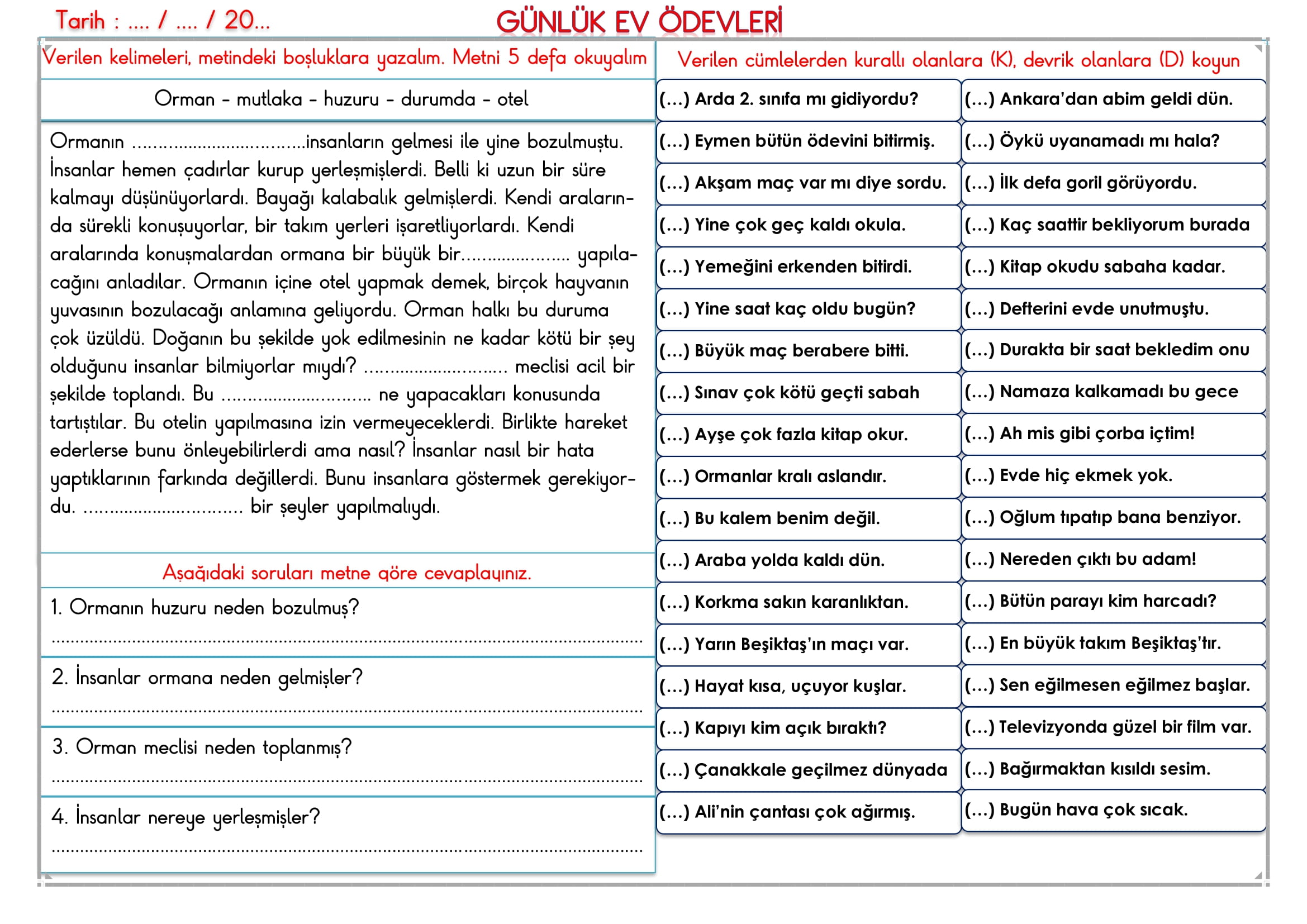2. Sınıf 26 Şubat 2025 Günlük Ev Ödevi