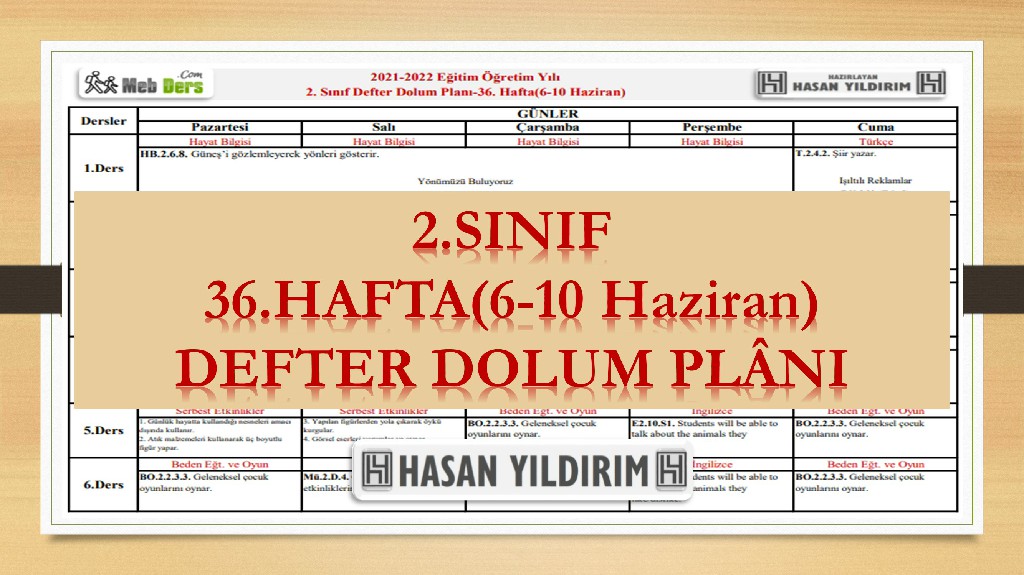 2. Sınıf 36.Hafta(6-10 Haziran) Defter Dolum Planı
