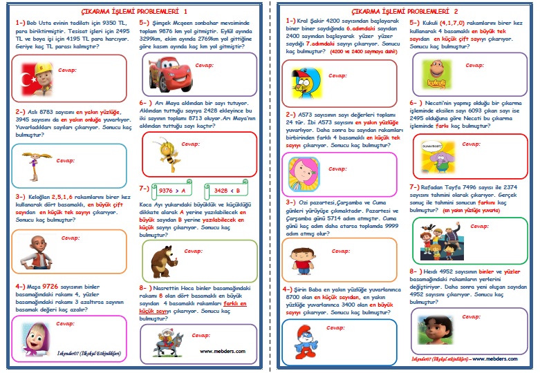 4. Sınıf Matematik Çıkarma İşlemi Problemleri   (4 SAYFA - 32 SORU)