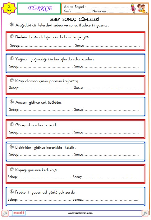 2. Sınıf Türkçe Sebep Sonuç Cümleleri Etkinliği 5