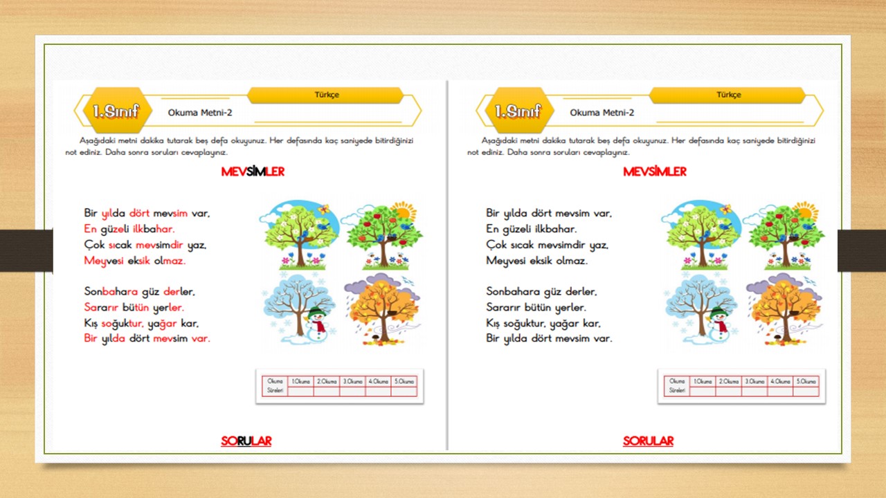 1. Sınıf Türkçe Okuma Metni-2 (Mevsimler)