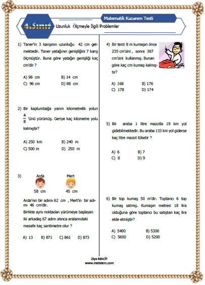 4. Sınıf Matematik Uzunluk Ölçmeyle İlgili Problemler Kazanım Testi