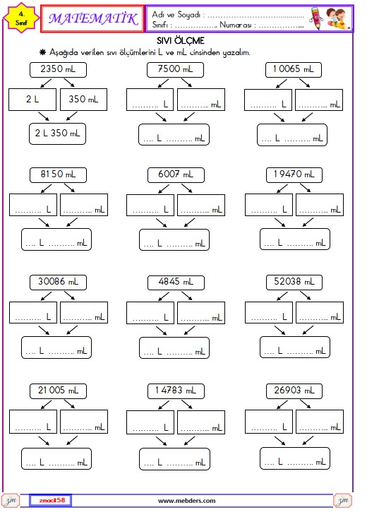 4. Sınıf Matemati Sıvıları Ölçme Etkinliği 3