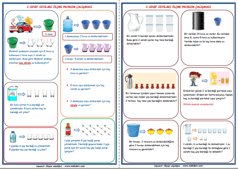 2. Sınıf Matematik Sıvı Ölçüleri Problemleri (4 Sayfa)