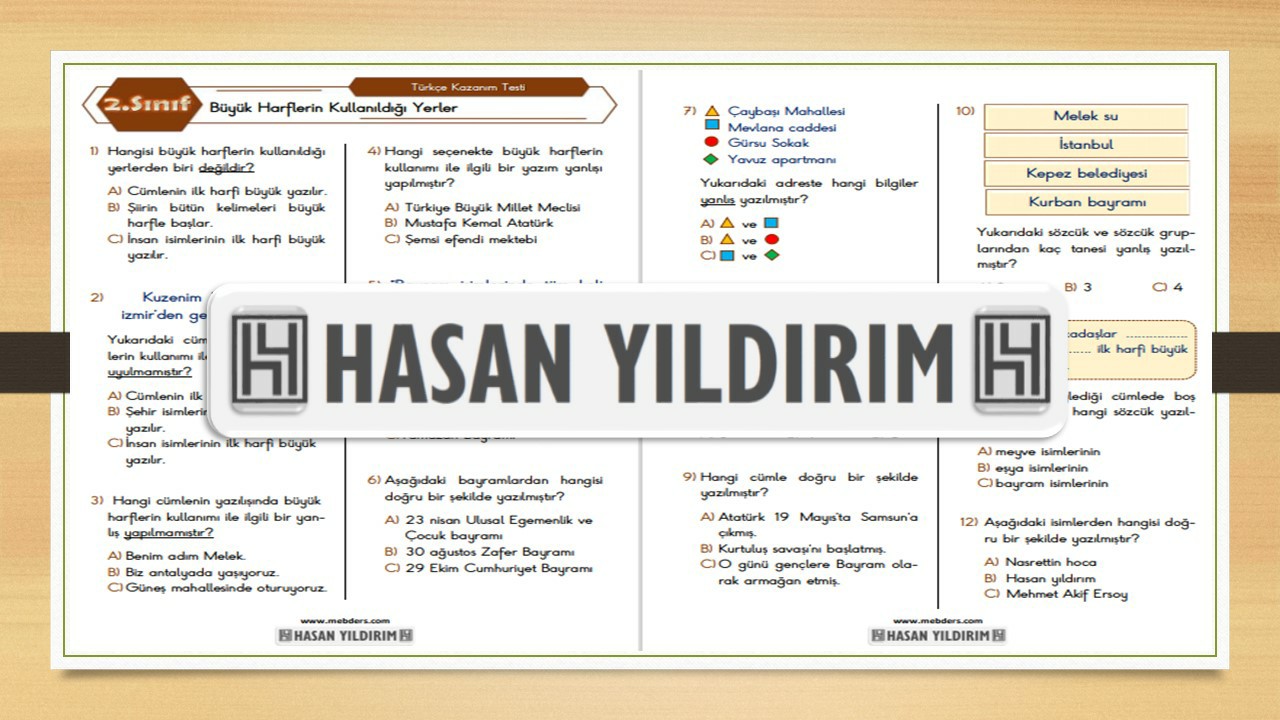 2. Sınıf Türkçe Büyük harflerin Kullanıldığı Yerler Testi