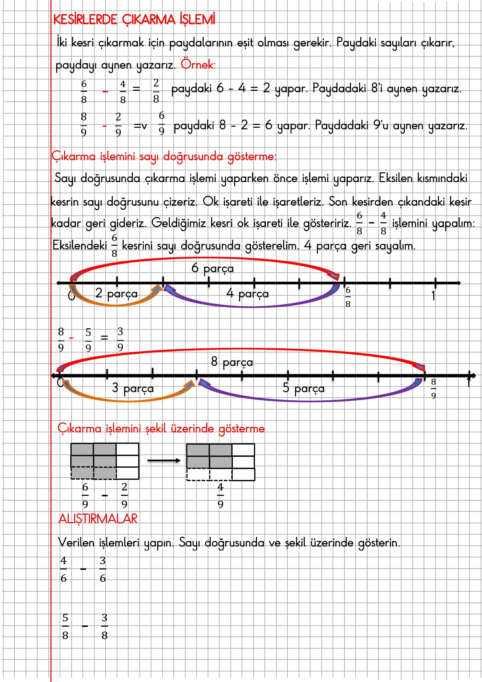 4. Sınıf Matematik Kareli Defterde Kesirlerde Çıkarma İşlemi Konu Anlatımı