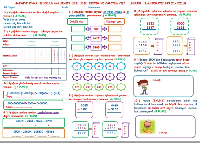 4. Sınıf Matematik Dersi 1.Dönem 2.Yazılısı