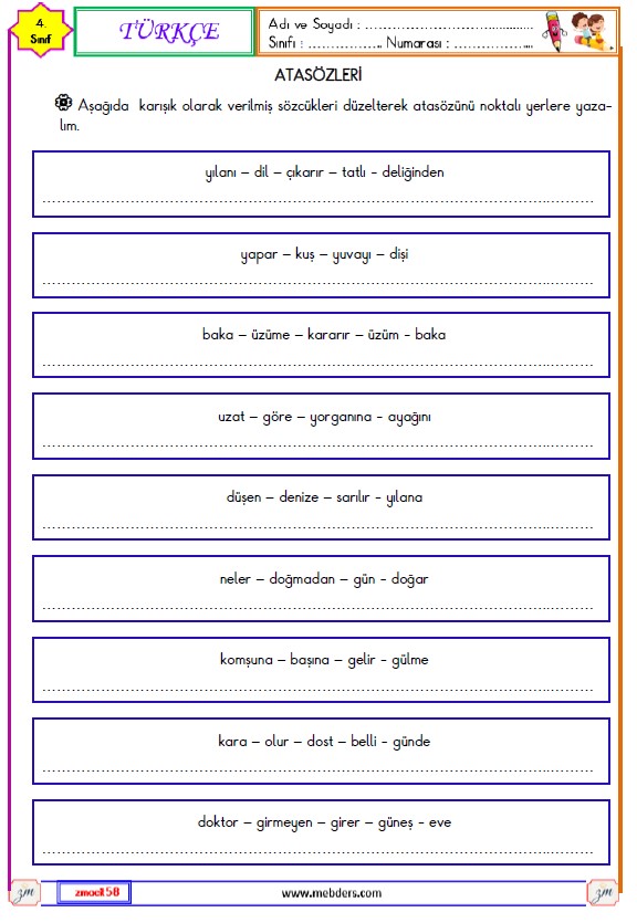 4. Sınıf Türkçe Atasözleri Etkinliği 1