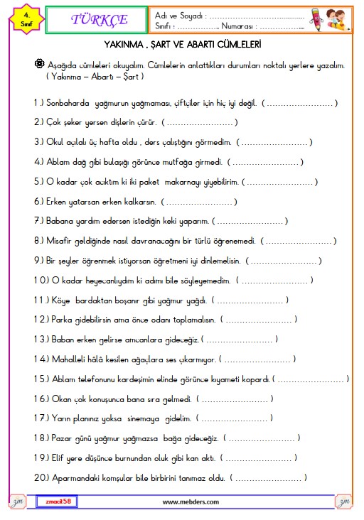 4.. Sınıf Türkçe Yakınma, Şart ve Abartı Cümleleri Etkinliği 3