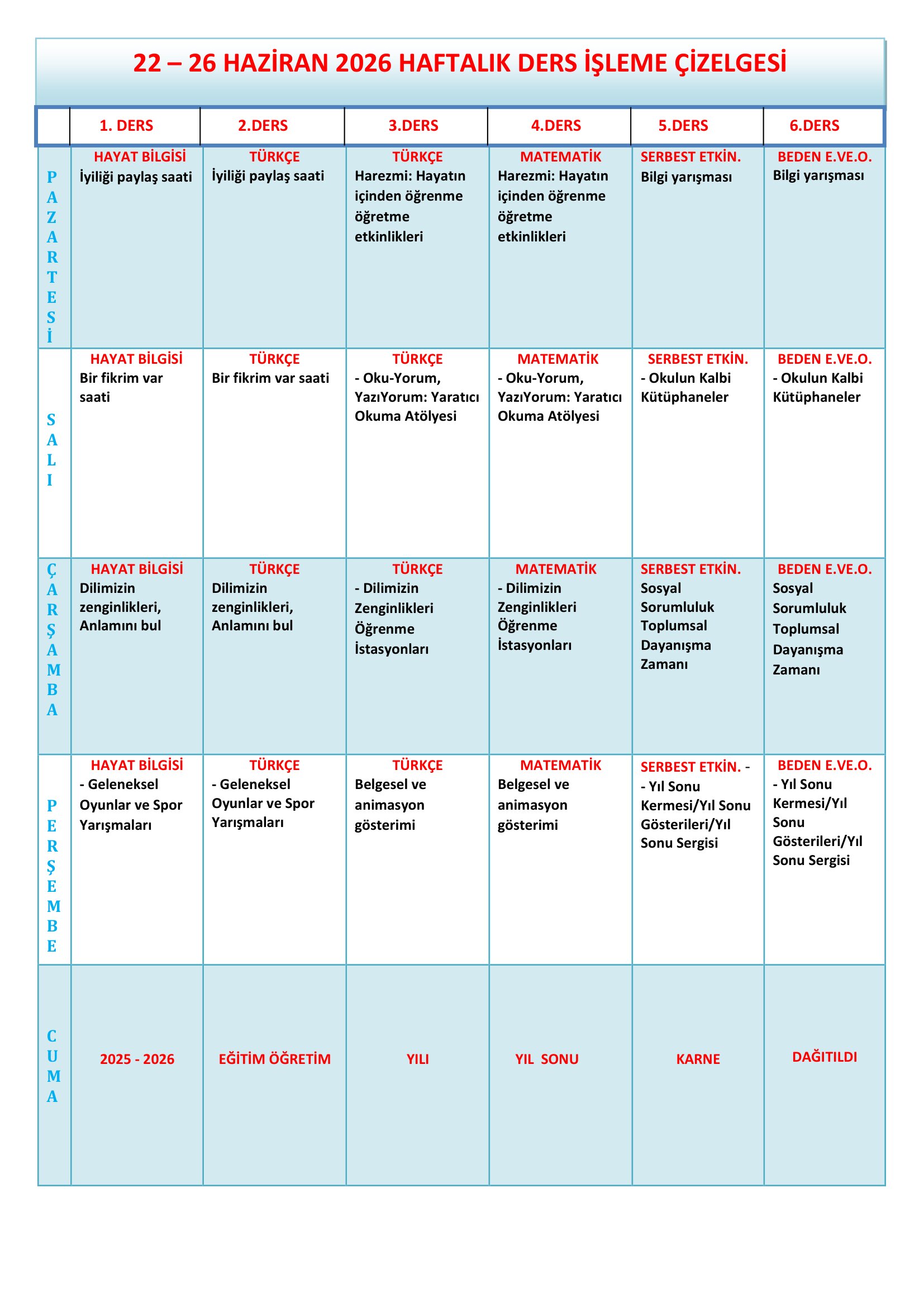 3. Sınıf 22 - 26 Haziran 2026 Haftalık Ders İşleme Çizelgesi.doc