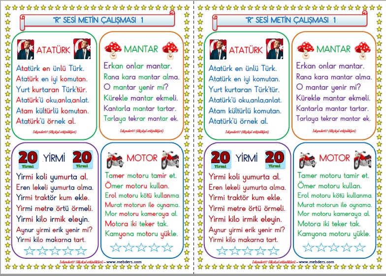 1. Sınıf R-r Sesi Metin Çalışması (6 Sayfa - 12 Farklı Metin)