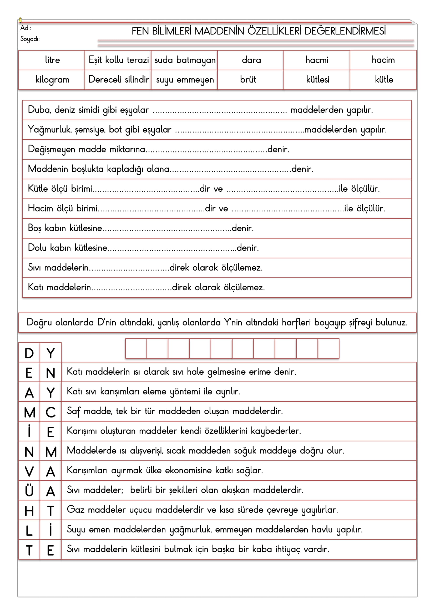 4. Sınıf Fen Bilimleri Maddenin Özellikleri Değerlendirmesi