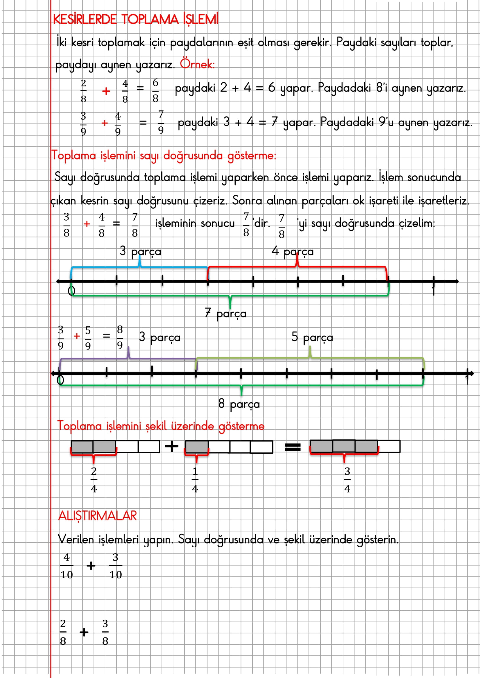 4. Sınıf Matematik Kareli Defterde Kesirlerde Toplama İşlemi Konu Anlatımı