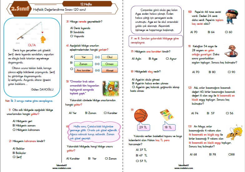 2. Sınıf Haftalık Değerlendirme Testi - 12.Hafta (05 Aralık - 09 Aralık)
