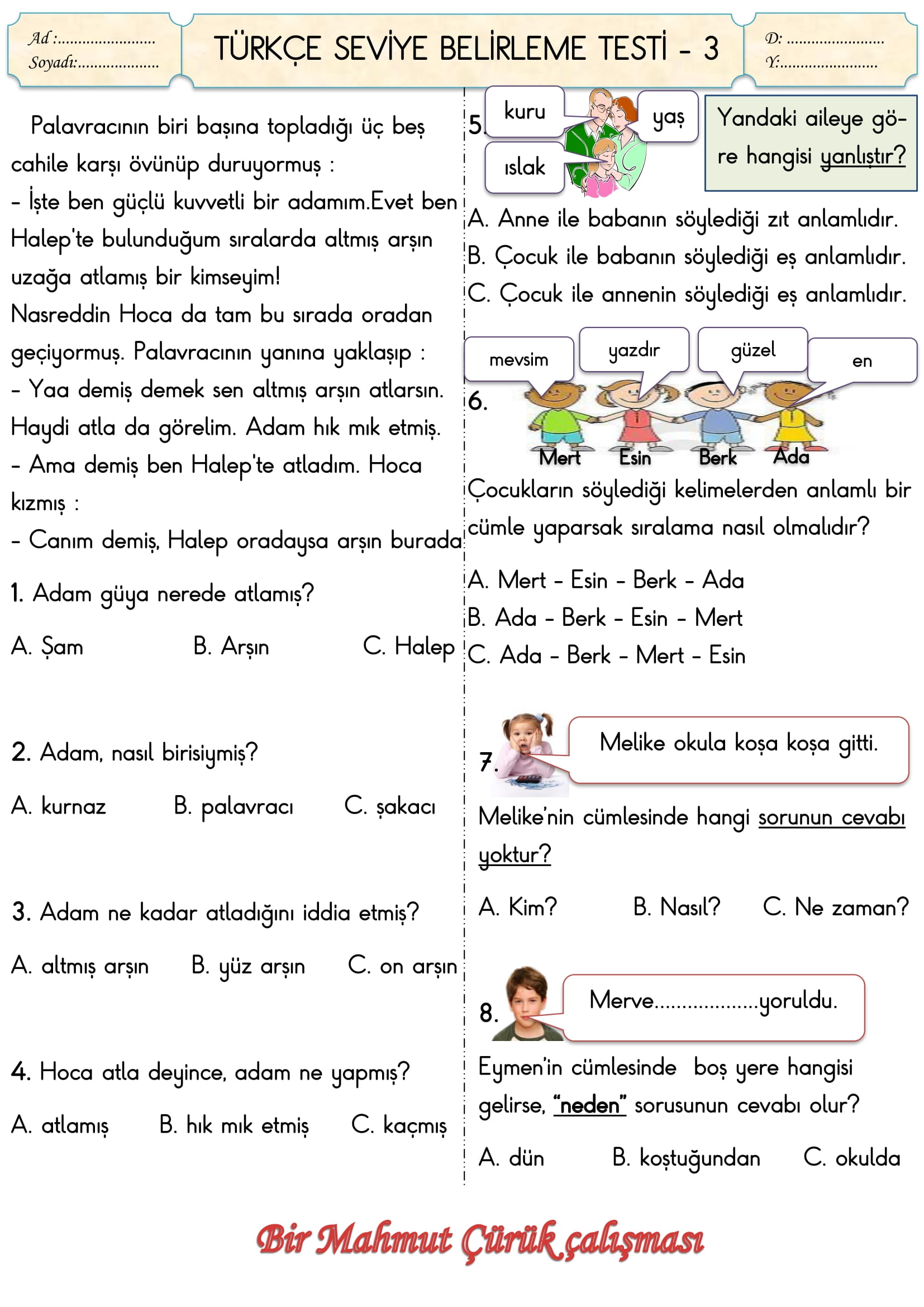 2. Sınıf Türkçe Seviye Belirleme Testi-3