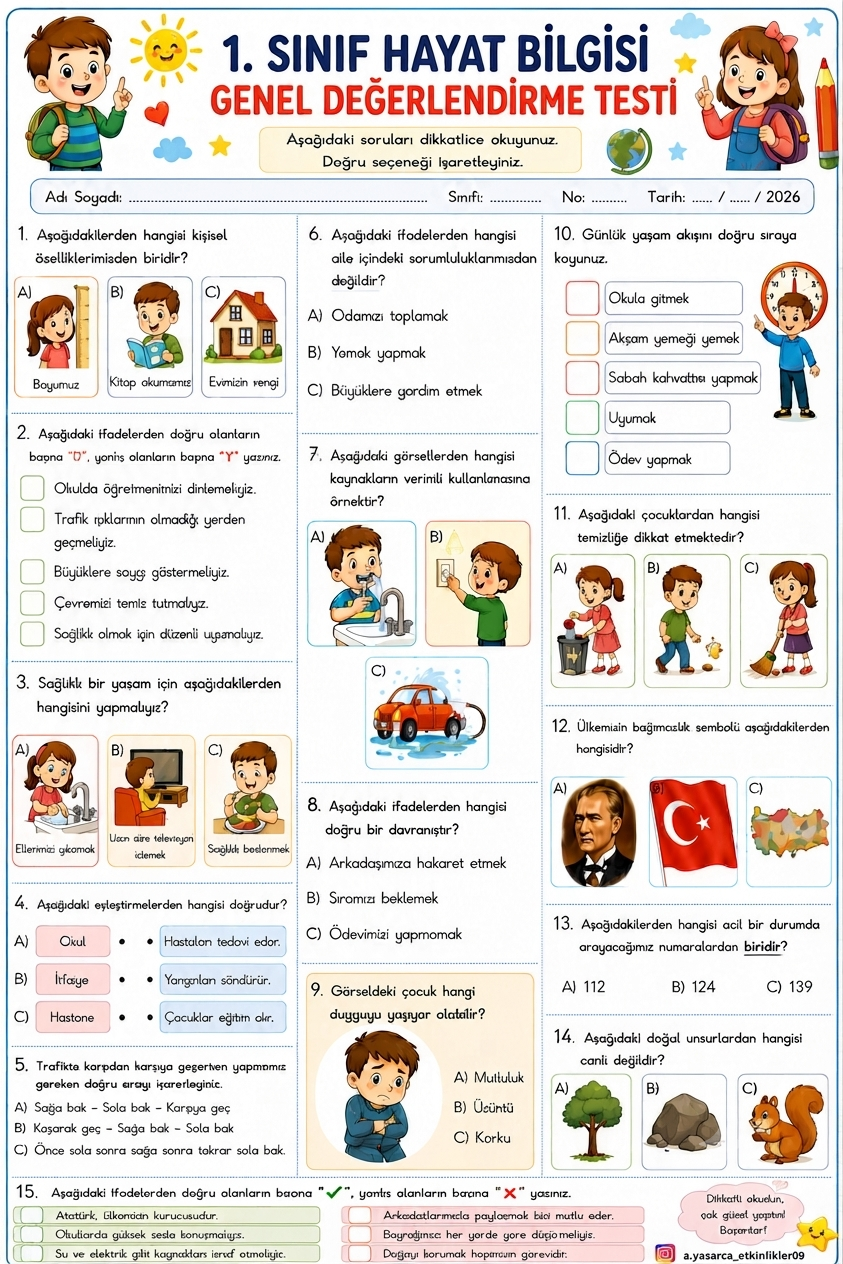 1.Sınıf Hayat Bilgisi Genel Değerlendirme