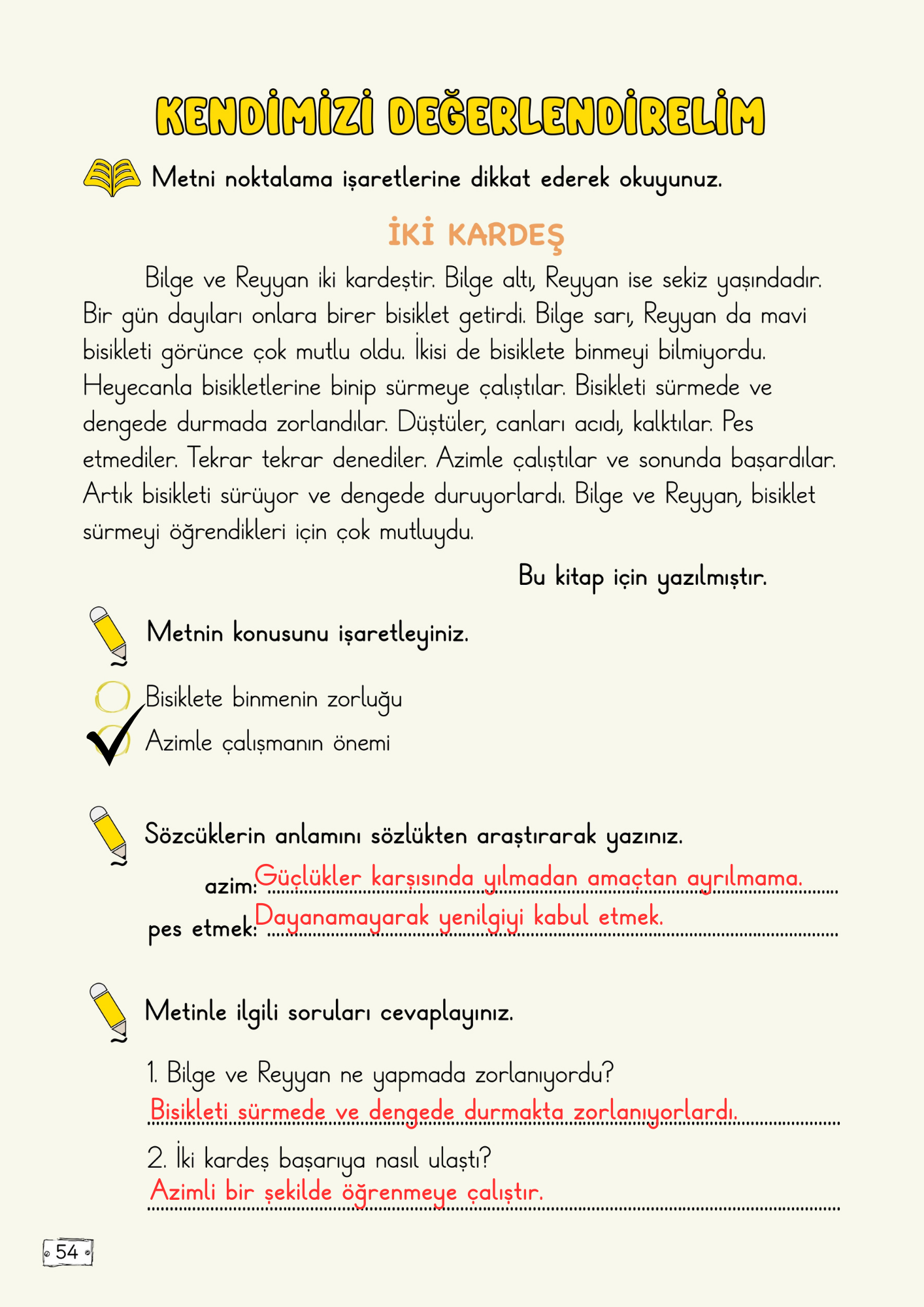 2. Sınıf Türkçe Meb Yayınları 1. Tema (Değerlerimizle Varız) Değerlendirmesi Etkinlik Cevapları