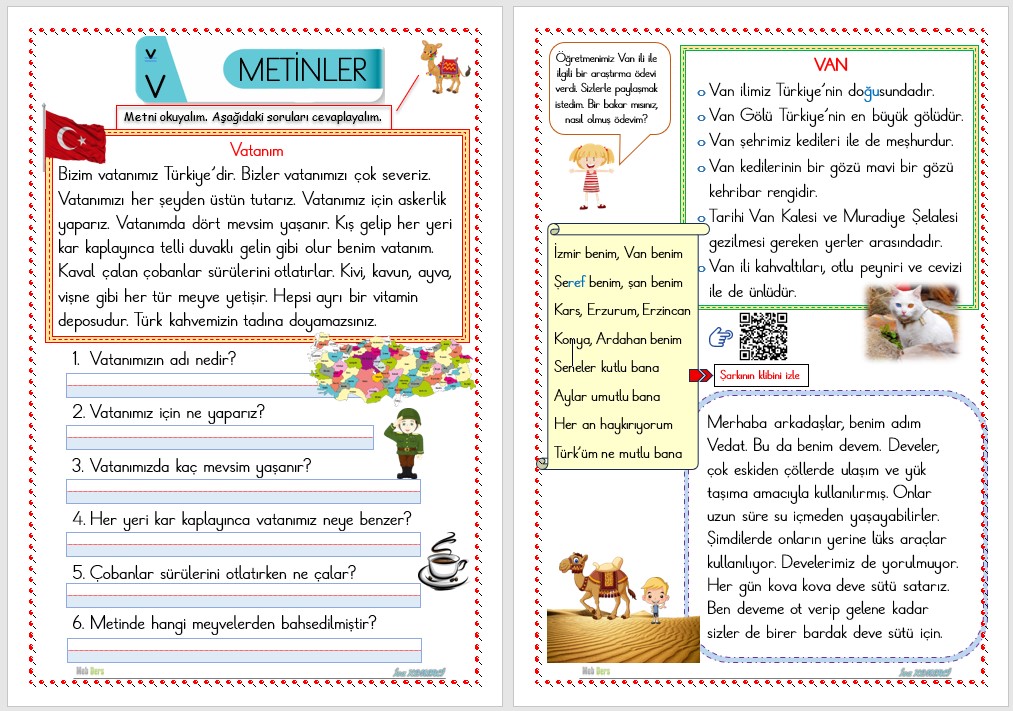 1. Sınıf İlk Okuma Yazma V Sesi METİNLER
