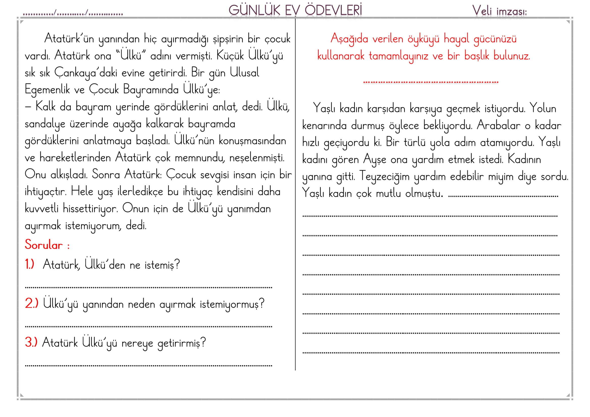1. Sınıf 21 Şubat 2025 Günlük Ev Ödevi