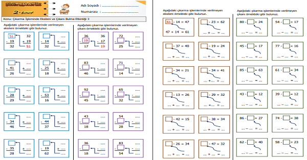 2. Sınıf Matematik Çıkarma İşleminde Eksileni ve Çıkanı Bulma Etkinliği 3
