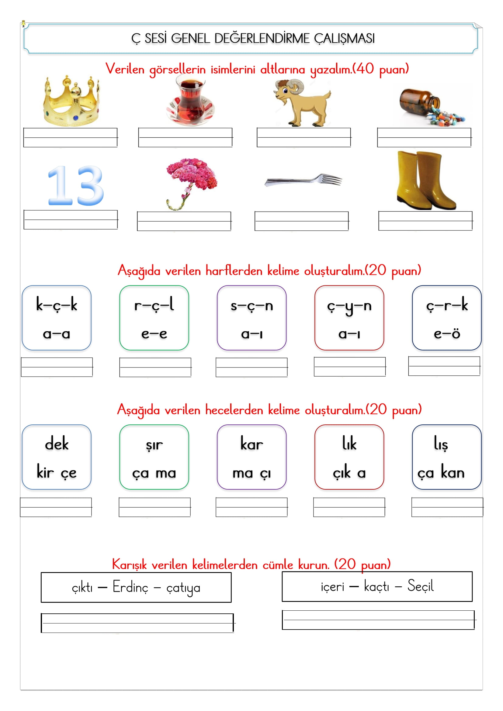 1. Sınıf İlk Okuma Yazma Ç Sesi Değerlendirme Çalışması 2