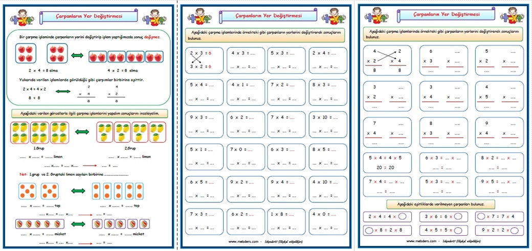 2. Sınıf Matematik Çarpma İşleminde Çarpanların Yer Değiştirmesi (3 Sayfa)