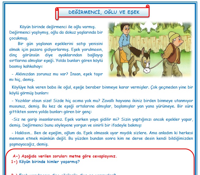 2. Sınıf Türkçe Değirmenci, Oğlu ve Eşek Okuma Anlama Metin Çalışması