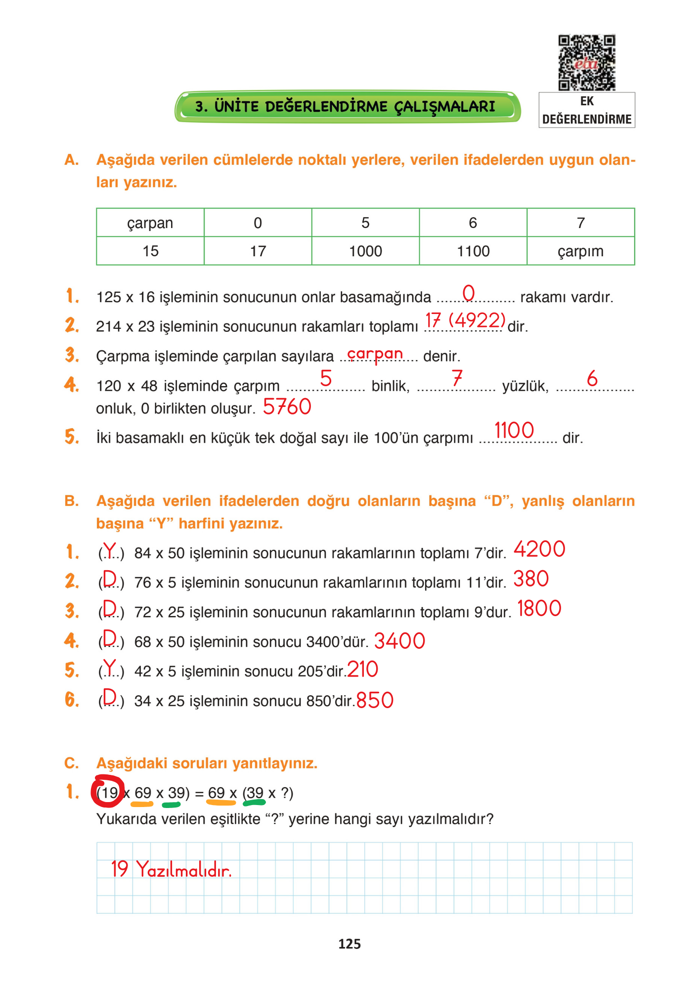 4. Sınıf Matematik Fersa Yayınları 3. Ünite Değerlendirmesi Cevapları