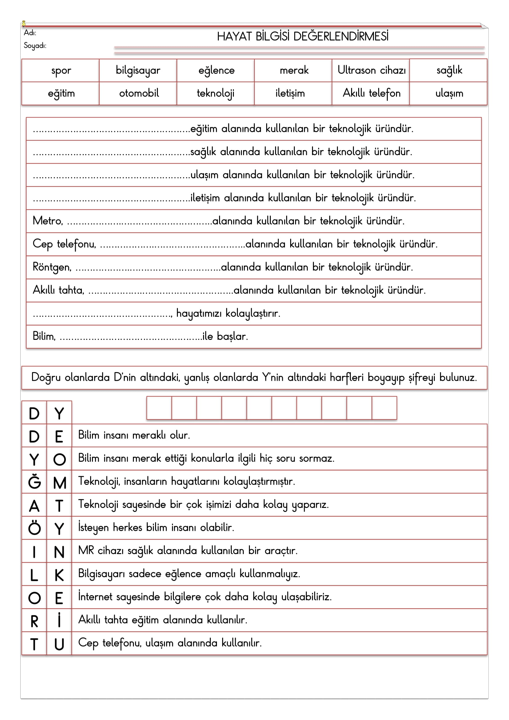 1. Sınıf - Hayat Bilgisi Değerlendirme 1