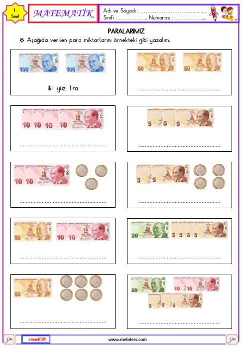 1. Sınıf Matematik Paralarımız Etkinliği 6