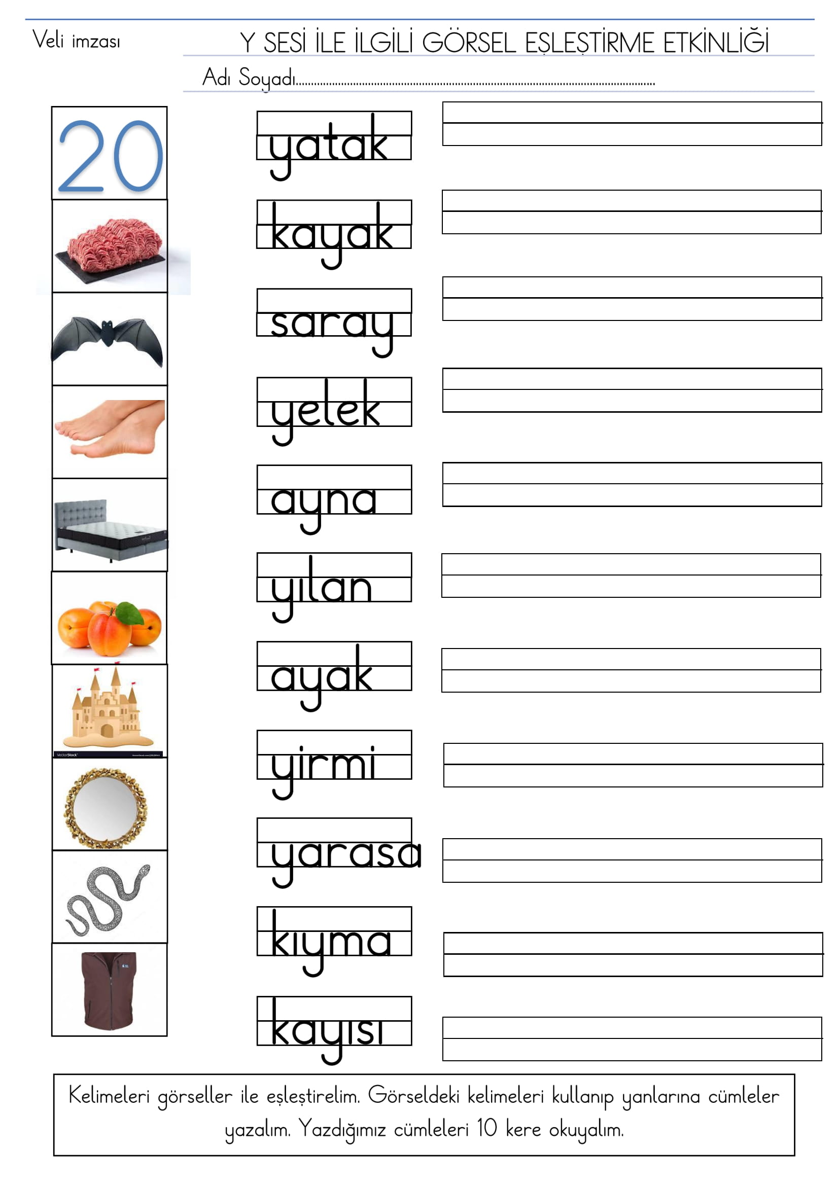 1. Sınıf İlk Okuma Yazma Y sesi Görsel Eşleştirme Etkinliği