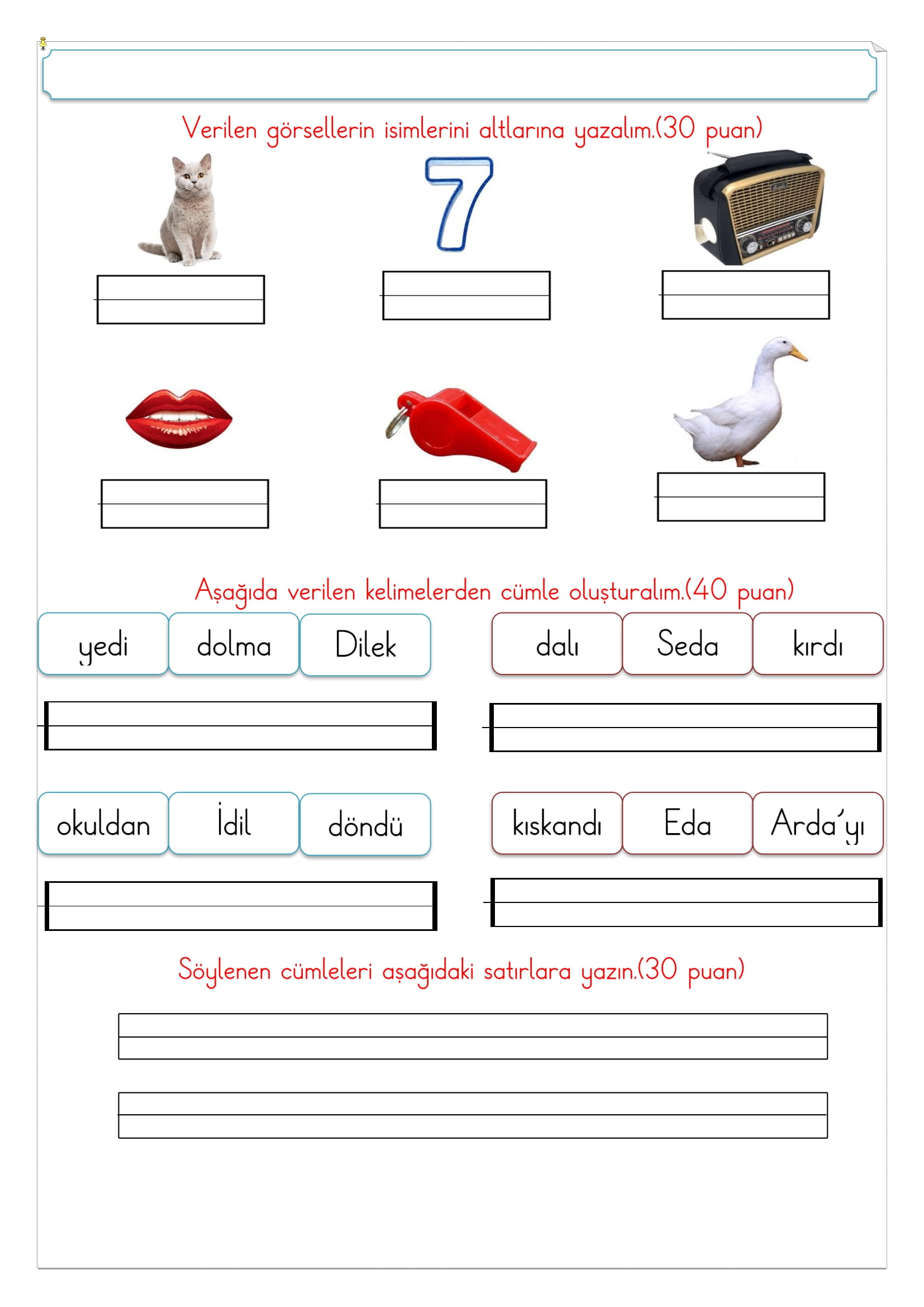 1. Sınıf İlk Okuma Yazma D Sesi Değerlendirme Çalışması