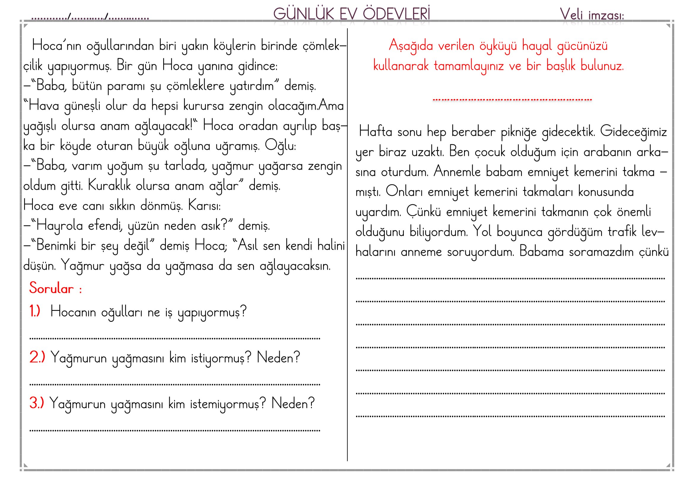1. Sınıf - 02 Nisan 2026 Günlük Ev Ödevleri