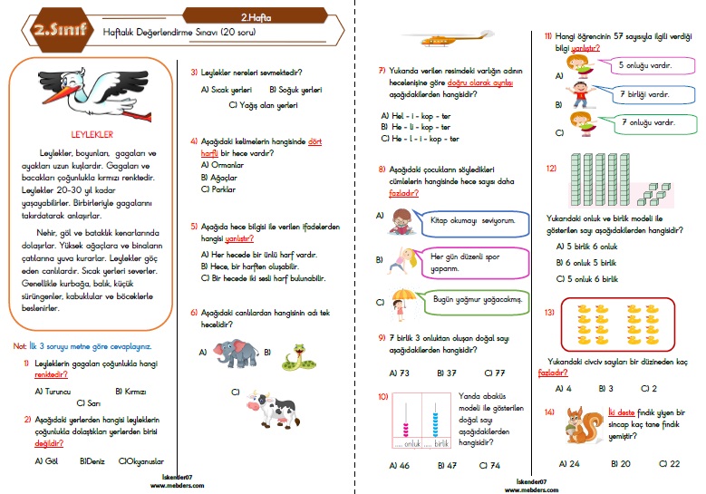 2. Sınıf Haftalık Değerlendirme Testi - 2.Hafta (19-23 Eylül)