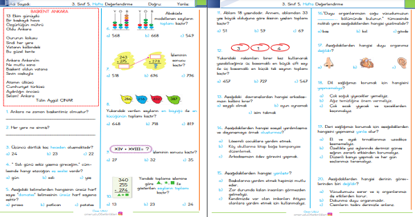 3. Sınıf Haftalık Kazanım Değerlendirme Testi 5. Hafta (06 - 10 Ekim)