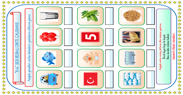 1. Sınıf İlk Okuma Yazma B-b Sesi Resimli Dikte Çalışması