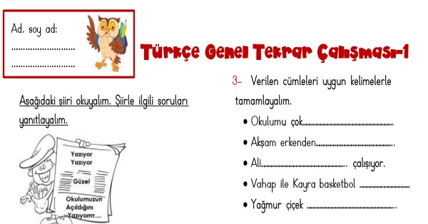 1. Sınıf Türkçe Genel Tekrar Çalışması-1