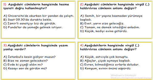 4. Sınıf Türkçe Noktalama İşaretleri ve Yazım Yanlışları Test-3