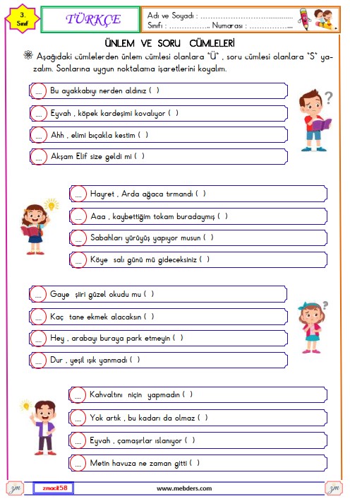 3. Sınıf Türkçe Ünlem ve Soru Cümlesi Etkinliği 4