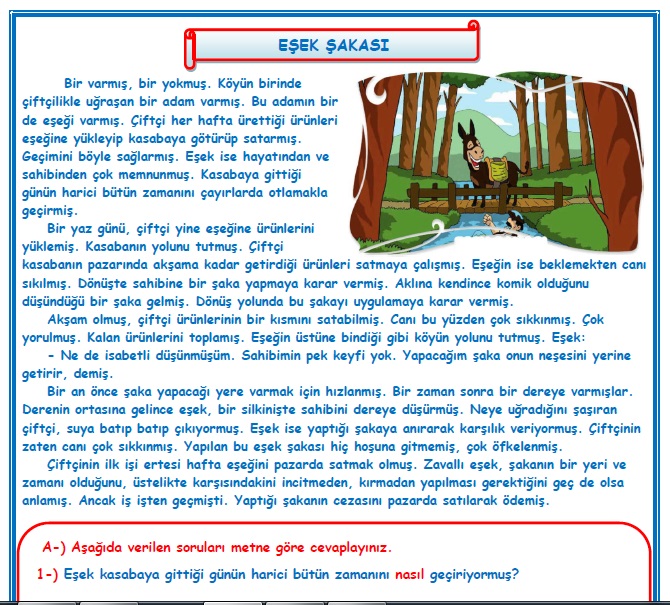 2. Sınıf Türkçe Eşek Şakası Okuma Anlama Metin Çalışması