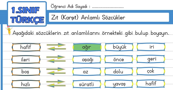 1. Sınıf Türkçe Zıt (Karşıt) Anlamlı Sözcükler Etkinliği