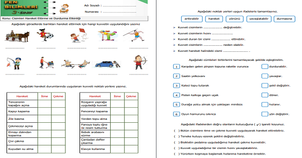 3. Sınıf Fen Bilimleri Cisimleri Hareket Ettirme ve Durdurma Etkinliği 2 (İtme ve Çekme Kuvveti)