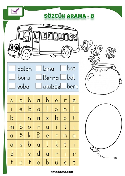 1. Sınıf İlkokuma Boyamalı Sözcük Arama Etkinliği - B Sesi