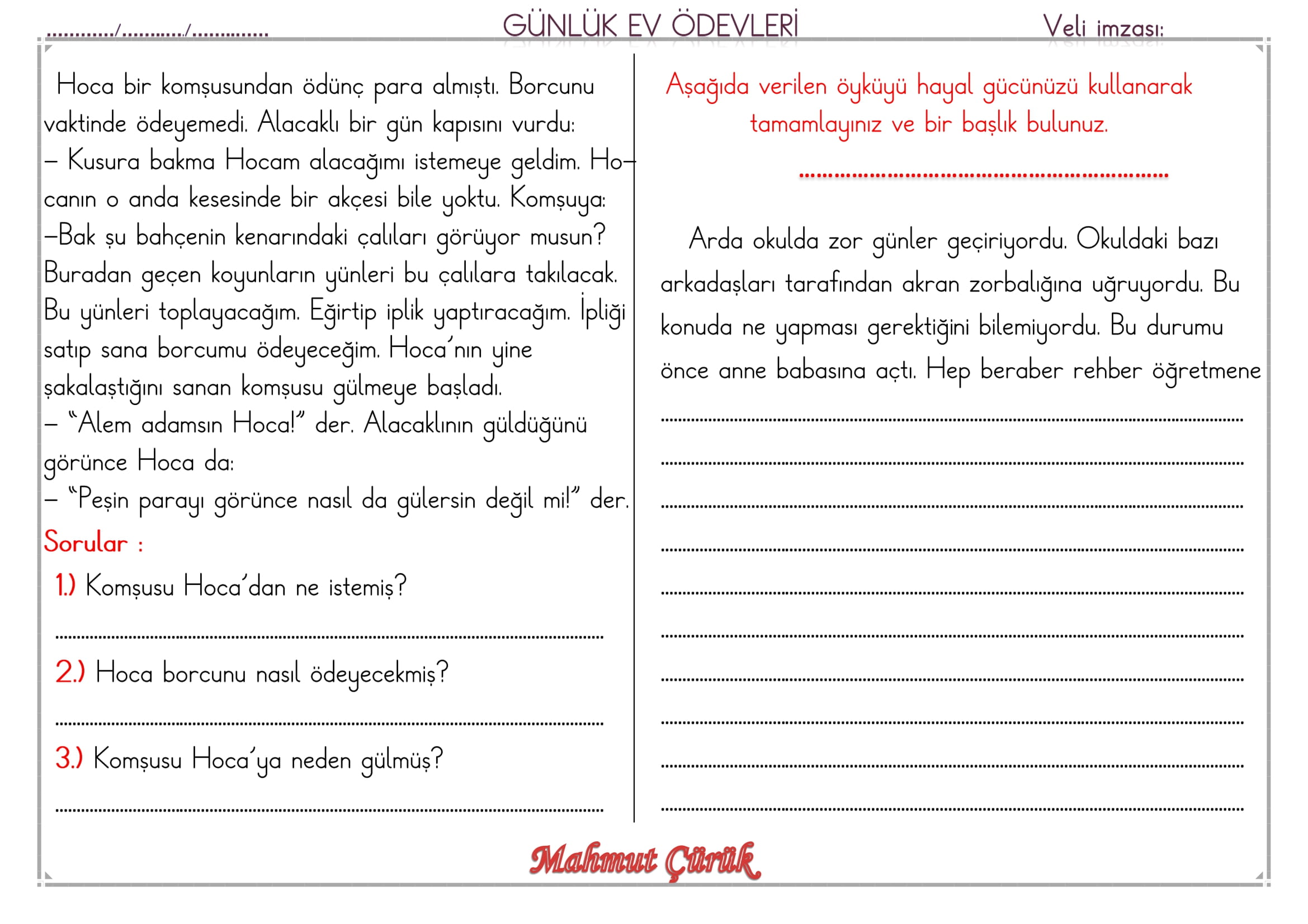 1. Sınıf 15 Mayıs 2025 Günlük Ev Ödevi
