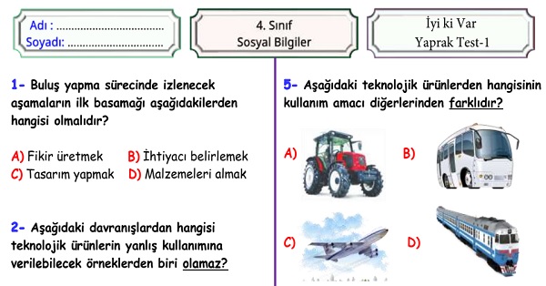 4. Sınıf Sosyal Bilgiler İyi ki Var Ünitesi Yaprak Test 1