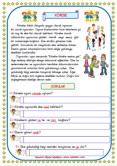 1. Sınıf Türkçe Körebe Okuma Anlama Metin Çalışması 23